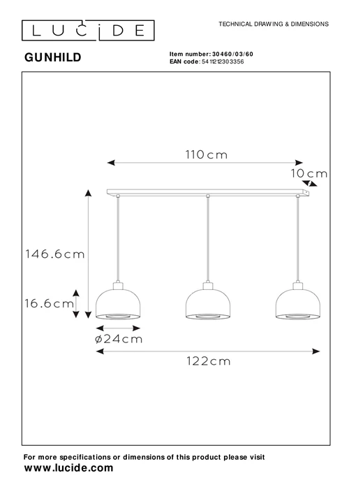 Lucide GUNHILD - Pendant light - 3xE27 - Transparant - technical